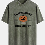 Halloween Pumpkin Town Print Washed Distressed Drop Shoulder T-Shirt