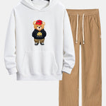 Hip Hop Bear Print Relax Fit Hoodie & Straight Leg Corduroy Pants
