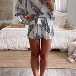 Margovil  Wrap V Neck Tie Knot Leaf Print Batwing Romper