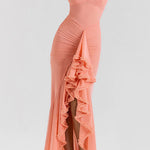 Margovil Spaghetti Strap Frill Trim Draped Slit Maxi Dress