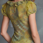 Boho Vintage Ruffled Zip-Front Sheer Top In Soft Moss Green