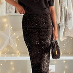 Back Slit Glitter Sequin Midi Skirt