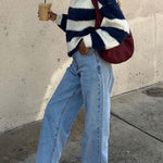 Margovil Drop Shoulder Striped Casual Pullover Sweater