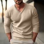 Men's solid color V-neck long-sleeved knitted pullover sweater