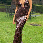 Margovil V Neck Cut Out Sequin Bodycon Maxi Cami Party Dress