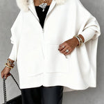 Margovil Dolman Sleeves Zipper Up Pocketed Jacket with Faux Fur Hood