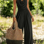 Margovil Halter Cowl Neck Sleeveless Top Elastic Waist Wide Leg Pants Set