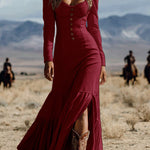 Margovil U Neck Buttop Up Long Sleeves Ruffle Slit Maxi Dress