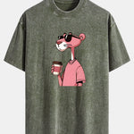 Pink Panther Drinking Coffee Print Washed Distressed Drop Shoulder T-Shirt