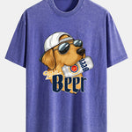 Beer Dog Print Washed Distressed Drop Shoulder T-Shirt