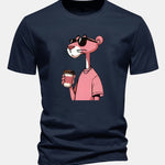 Regular Fit Pink Panther Drinking Coffee Print Cotton T-Shirt
