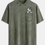 Pocket Bat Ghost Print Washed Distressed Drop Shoulder T-Shirt