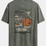 Halloween Pumpkin Town Print Washed Distressed Drop Shoulder T-Shirt