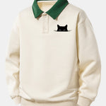 Relax Fit Black Cat Print Contrast Polo Sweatshirt