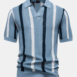Stripe Knit V Neck Polo Shirt & Straight Leg Ribbed Pants