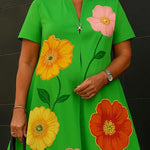 A-Line Loose Flower Print V-Neck Midi Dresses