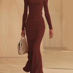 Long Sleeves Skinny Solid Color High Neck Maxi Dresses