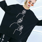 Embroidered Black&White Loose Round-Neck T-Shirt