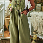 Solid Color Sleeveless Pocket Casual Wide Leg Side Button Jumpsuit