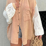 CHARCOAL GREEN CROCHET SLEEVE BUTTON UP
