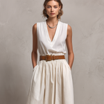 Women's Elegant Beige Cotton-linen Blend V-neck Sleeveless Top And Skirt Set