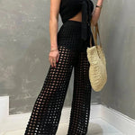 Riley Knit Front Knotted Bandeau and Stretch Hollow Out Wide Leg Pants Set