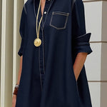 Long Sleeves Loose Buttoned Pockets Solid Color Lapel Midi Dresses