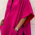 Solid Color Stand Collar Zipper Pocket Loose Shawl Jacket