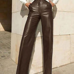 Skinny Leg Straight Leg High-Waisted Solid Color Split-Joint PU Pants Trousers
