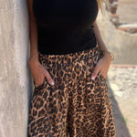 Leopard Print Elastic Waist Loose Pocket Wide Leg Pants