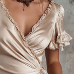 Vintage Elegant Satin Wrap Ruffle Top