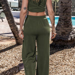 Jungle Green Solid Cropped Tank Top and Wide Leg Pants Set