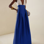 A-Line High Waisted Contrast Color Pleated Zipper Deep V-Neck Maxi Dresses
