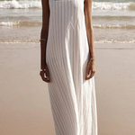 Simple and Stunning Linen Blend Pinstripe Detail Square Neck A-line Maxi Dress