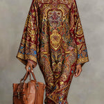 Long Sleeves Loose Contrast Color Printed Mock Neck Midi Dresses