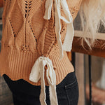 Light French Beige Hollowed Knit Scalloped Trim High Neck Sweater