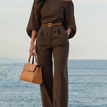 Loose Puff Sleeves Asymmetric Solid Color Split-Joint One-Shoulder Blouses&Shirts Tops