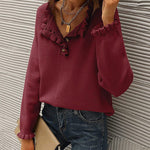 Long Sleeve Button Down Ruffle Knit Pullover Sweater Tops