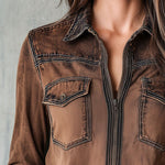 Vintage Brown Washed Contrast Stitching Utility Zip Shirt Jacket
