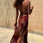 Gypsy Style Unique Print Cowl Neck Back Lace-up Slit Midi Dress