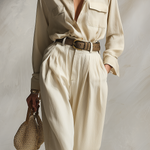 Women's Elegant Beige Long-sleeved Pants Suit Made Of High-quality Natural Cotton And Linen Fabric
