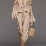 Elegant Flowing Versatile Tie-front V-neck Flared Sleeves Beige Chiffon Blouse And Pants Set