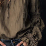 Boho Ruffled Cuff Half-Zip Blouse