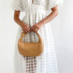 Remarkable Beauty Square Patterned Fabric Puff Sleeve Party Midi Dress