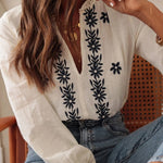 White Floral Embroidered Frill V Neck Puff Sleeve Blouse
