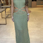 Stunning Gaze Knit Texture Ring Side Waist Cutout Stretch Maxi Dress（Note: top without lined, you can bring your own bra）