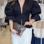 High-Low Puff Sleeves Asymmetric Buttoned Solid Color Deep V-Neck Blouses&Shirts Tops