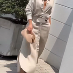 Long Sleeves Loose Split-Joint Split-Side V-Neck Maxi Dresses Shirt Dress
