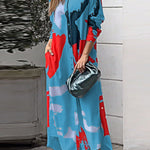 Loose Wrap Buttoned Contrast Color Pockets Printed Split-Side Shirt Dress