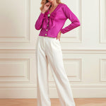 Long Sleeves Bow-Embellished Buttoned Solid Color V-Neck Blouses&Shirts Tops